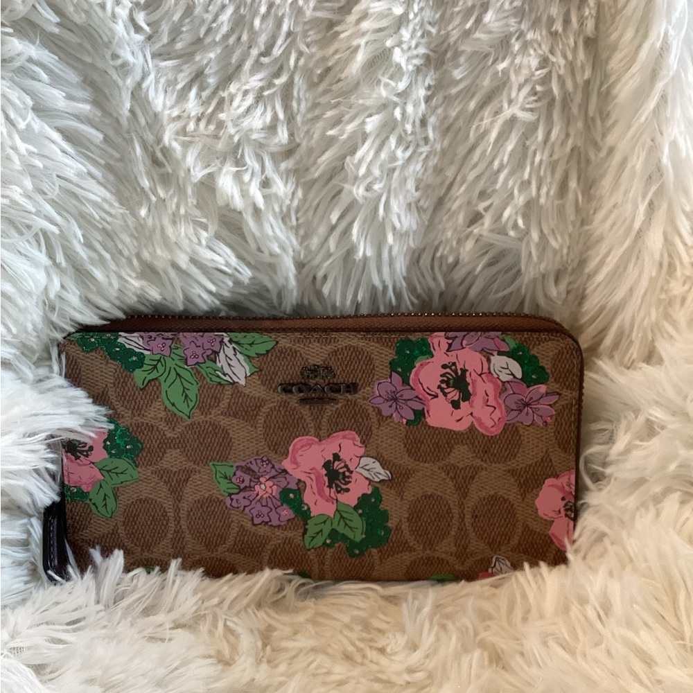 Coach tan accordion zip around floral wallet